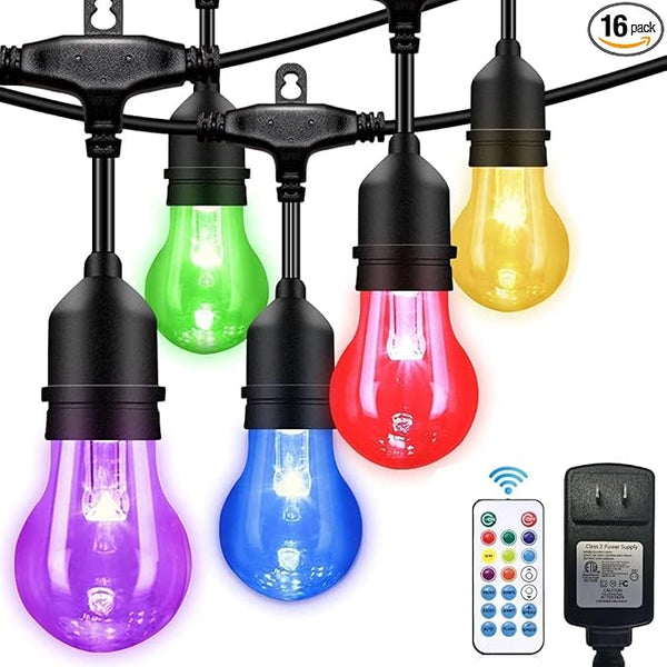 35FT Outdoor String Lights, 16 Shatterproof Edison Bulbs, Dimmable RGB Color Changing Patio Lights with Remote. | Lumora