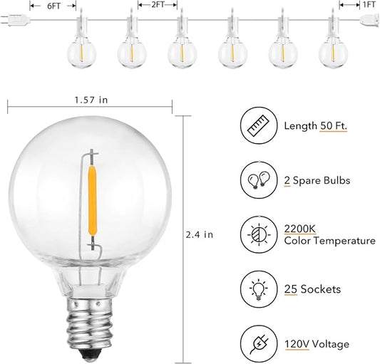 Brightown Outdoor String Lights, 50FT 25 G40 Bulbs Shatterproof Patio Lights, IP65 Waterproof Dimmable Hanging Connectable Globe LED Outdoor Lights for Backyard, Bistro, Porch, Deck, Balcony, White