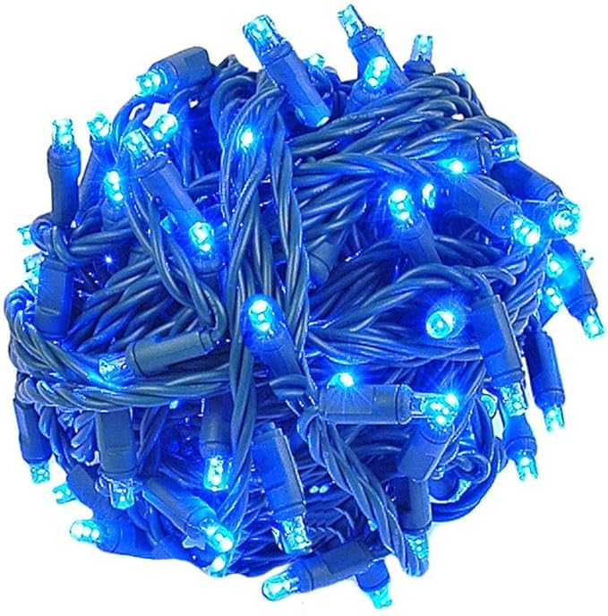 Novelty Lights 50ft 100 LED Blue Christmas Lights Outdoor/Indoor, 6" Spacing, Green Wire String Lights for Festive Xmas Lighting, IP55, UL Listed, Dimmable, Connectable
