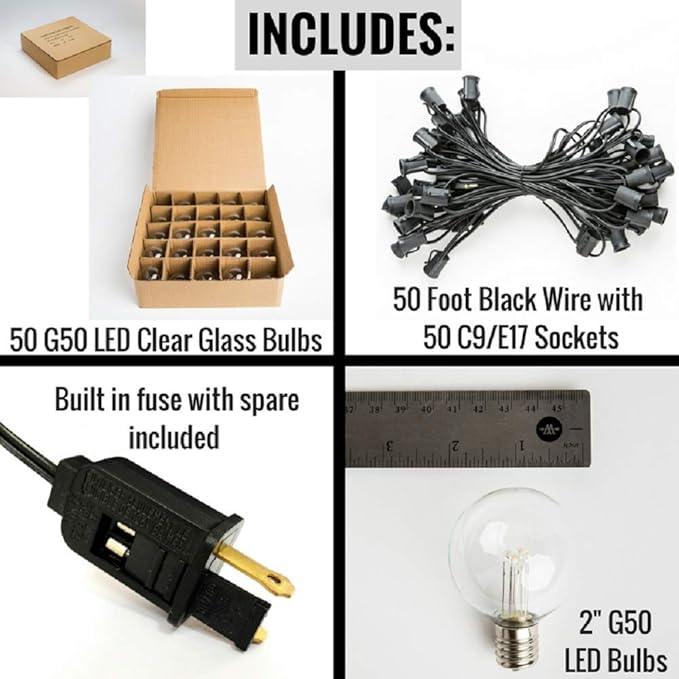 Hometown Evolution, Inc. G50 2" LED Diode Warm White Outdoor Patio String Lights with 0.6 Watt Light Bulbs (Black Wire, 50 ft)