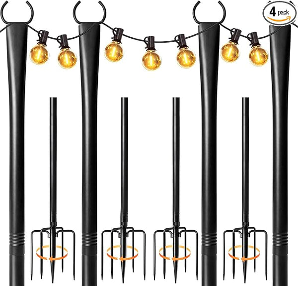 4 Pack String Light Poles for Outside, Heavy-Duty Metal Light Poles for Outdoor String Lights with Fork, Adjustable | Lumora