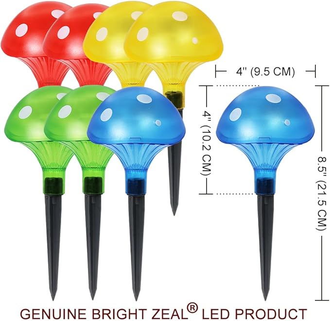 Bright Zeal 8-Pack Mushroom Solar Lights Outdoor Waterproof (8.5" Tall, 4" Wide) - Mushroom Solar Lights Outdoor Garden Red Green Yellow Blue - LED Garden Lamps for Outside Fairy Stake Lamps