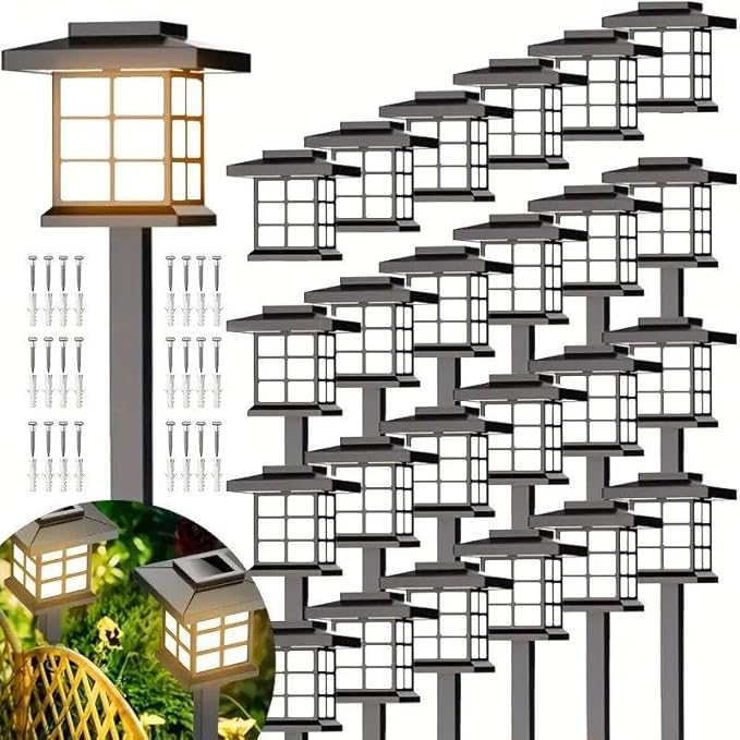 Solar Outdoor Path Lights, Waterproof LED Landscape Garden Lights, IP55Black Grid Design, 15.7 Inch Height, 700mA Battery (Warm Colors, Warm Light - 24 Upgraded Models)
