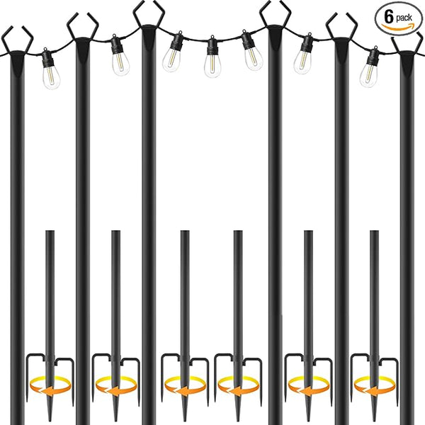10Ft String Light Poles 6 Pack,Light Poles for Outside Lights,Outdoor with Fence Brackets Hanging Lights,Metal | Lumora