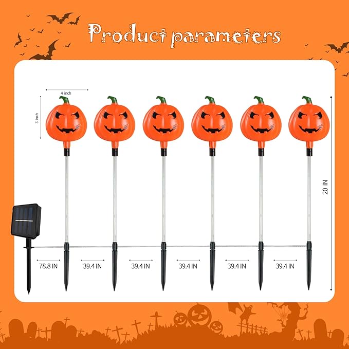 Halloween Pumpkin Stake Lights, 6 Pack Outdoor Decorative Solar Pumpkin Lights, Waterproof Halloween Decorations for Party, Patio, Garden, Lawn & Yard Decor