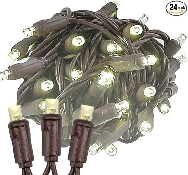 Novelty Lights 24-Pack, 25 Feet 50 Light Brown Wire LED Christmas Lights Outdoor, Commercial Grade, Yellow, 5mm | Lumora