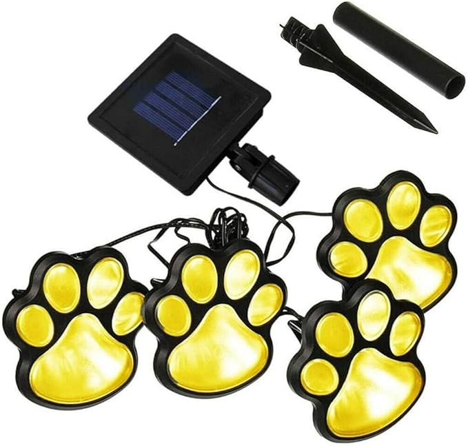 4 Solar Dog Animal Paw Print Lights Garden Statue Lantern Led Path 3" Light Lamp for Garden Patio Yard Decor Walkway Outdoor Decorations (Warm White)