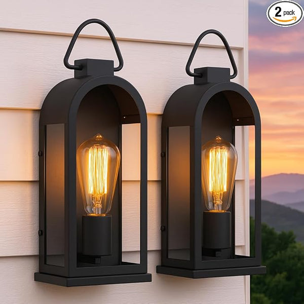 Vintage Outdoor Wall Light Fixtures (2 Pack) - Matte Black Porch Lantern/Exterior Wall Sconce, Glass Shade, Sturdy | Lumora