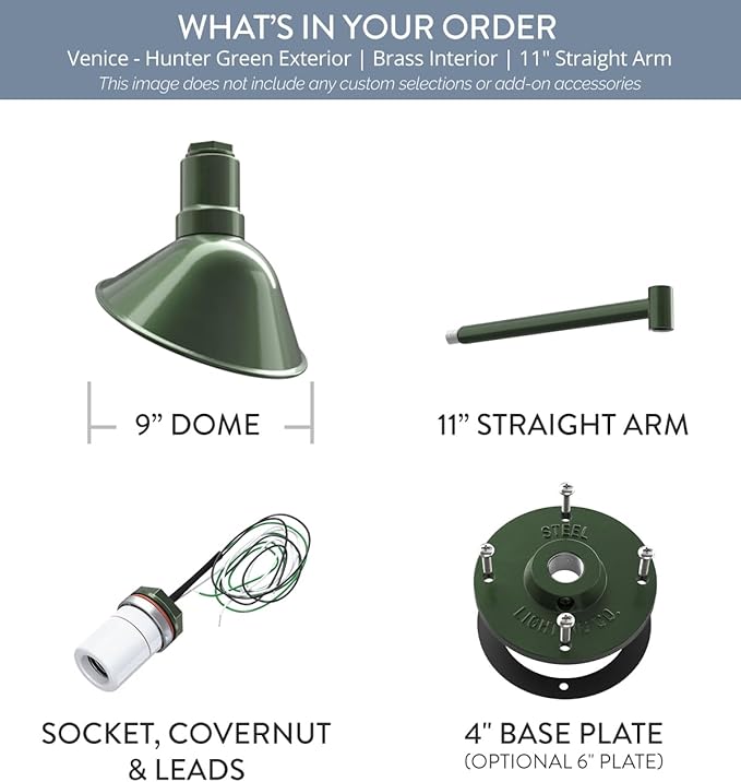 Steel Lighting Co. Venice Store Sign Light | for Outdoor Restaurant Accent Wall | 9 inch Dome | 11" Straight Arm | Made in America | Hunter Green Exterior/Brass Interior