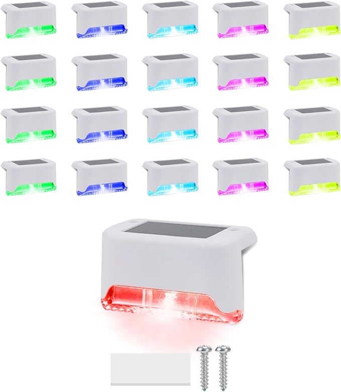 20 Pack Color Change Solar Step Lights Outdoor Small Waterproof RGB LED Stair Lamp Outside Decorative Lighting for Deck, Staircase, Railing, Pool, Retaining Wall, No Drill Install(White Shell)