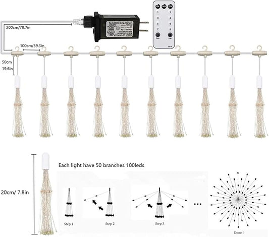 10 Pcs Total 1000 LED Firework Copper Wire Lights, 8 Modes Fairy Twinkle Lights Plug in String Lights 1M/3.3FT Spacing Starburst Lights with Sagging Wire and Remote Control(Warm White)
