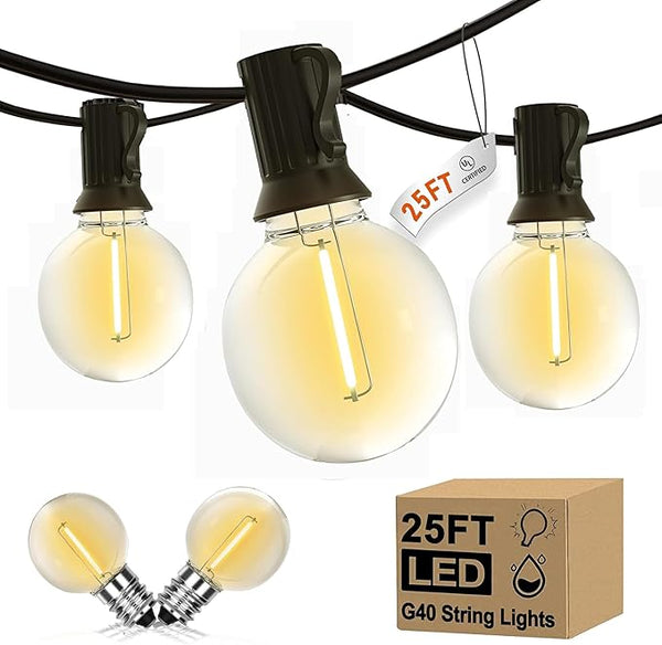 Abeja Outdoor String Lights, 25Ft G40 Globe LED Patio Lights with 27 Edison Plastic Bulbs(2 Spare), Hanging Patio | Lumora