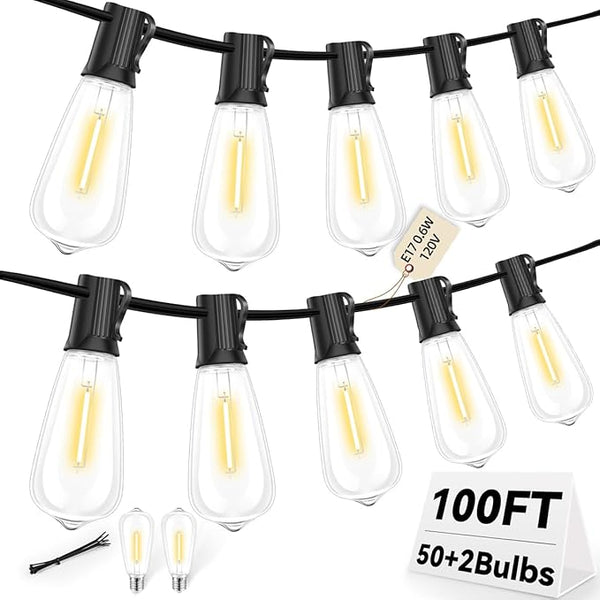 ST40 LED Outdoor String Lights 100FT with 50+2 Bulbs, E17 Socket, 0.6W, 2700K Warm White–Connectable for Garden | Lumora