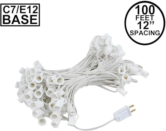 Novelty Lights 100 Foot C7 Outdoor String Light Christmas Stringer - Patio String Lights - Candelabra Base (C7/E12) - 12" Spacing - White Wire