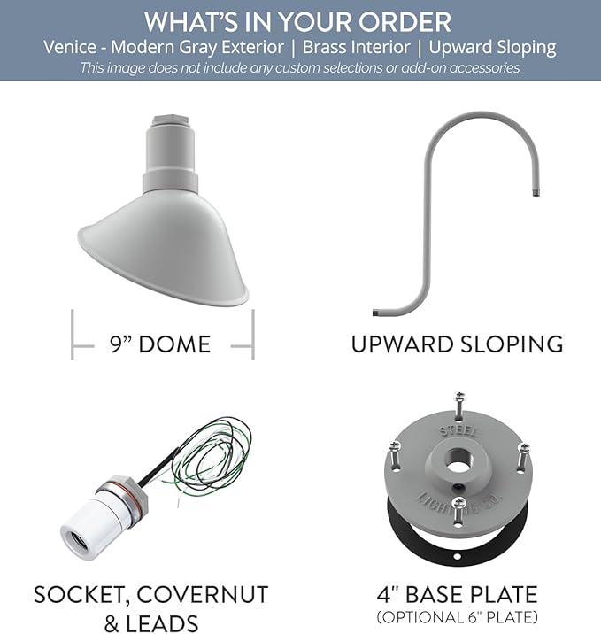 Steel Lighting Co. Venice Store Sign Light | for Outdoor Restaurant Accent Wall | 9 inch Dome | Upward Sloping Gooseneck | Made in America | Modern Gray Exterior/Brass Interior