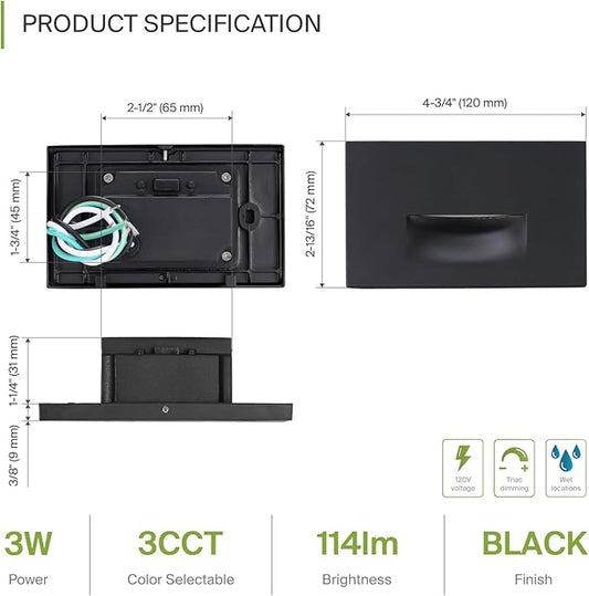 ASD LED Recessed Step Light Fixture, Outdoor & Indoor Stair Tread Lighting | 3CCT, Dimmable, Waterproof, ETL Listed | 3W 120LM 3000K-5000K 120V | Staircase Hardwired Illumination | Black, 4 Pack