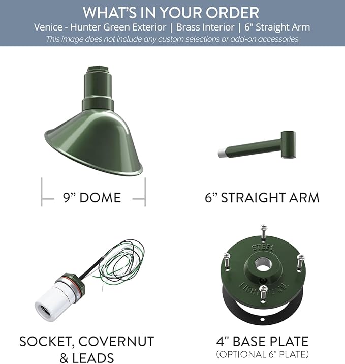 Steel Lighting Co. Venice Store Sign Light | for Outdoor Restaurant Accent Wall | 9 inch Dome | 6" Straight Arm | Made in America | Hunter Green Exterior/Brass Interior