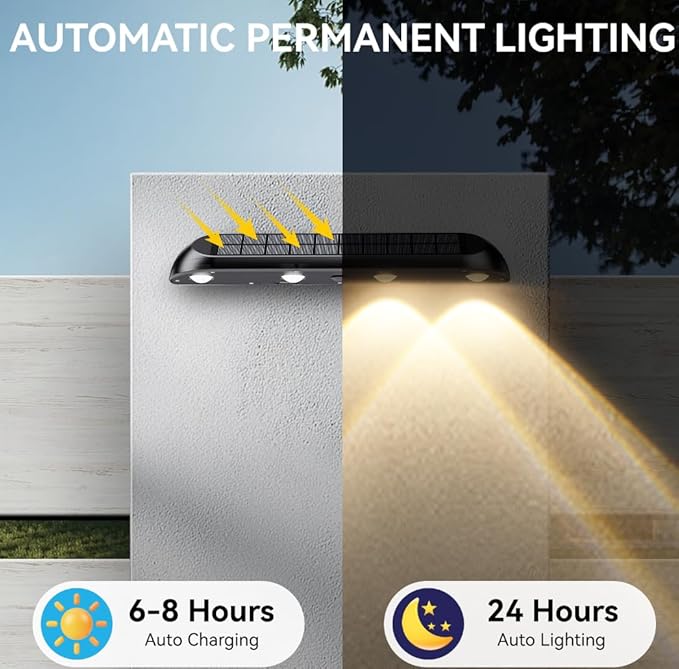 Large Solar Fence Lights Outdoor Waterproof, 3-Mode (3000K/4000K/6000K),4 LED with Upgraded High-Efficiency Solar Panel & Wide Beam for Backyard/Patio/Deck/Step/Home Improvement(4 Pack)