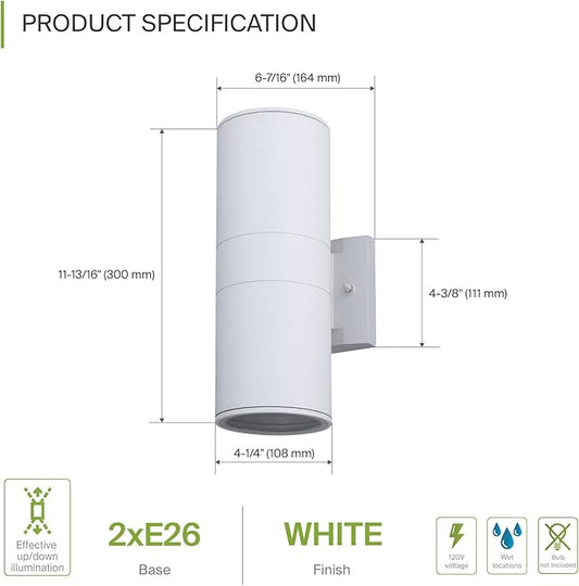ASD 2 Light Outdoor Wall Light Fixture | 120W E26 Bulb Socket 120V ETL Cylinder Up Down Lights | LED/CFL/Incandescent Bulb Exterior Wall Sconce | Front Door, Porch, Patio Lighting | White, 2 Pack