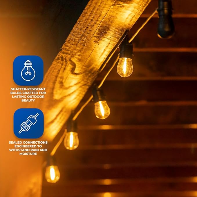 Outland Living Bluetooth String Lights with Speakers – 16.4 ft Outdoor LED Patio Lights, 8 Warm White E26 Bulbs + 2 Bluetooth 5.0 Speakers, Linkable to 32 ft, 10 ft Power Cord