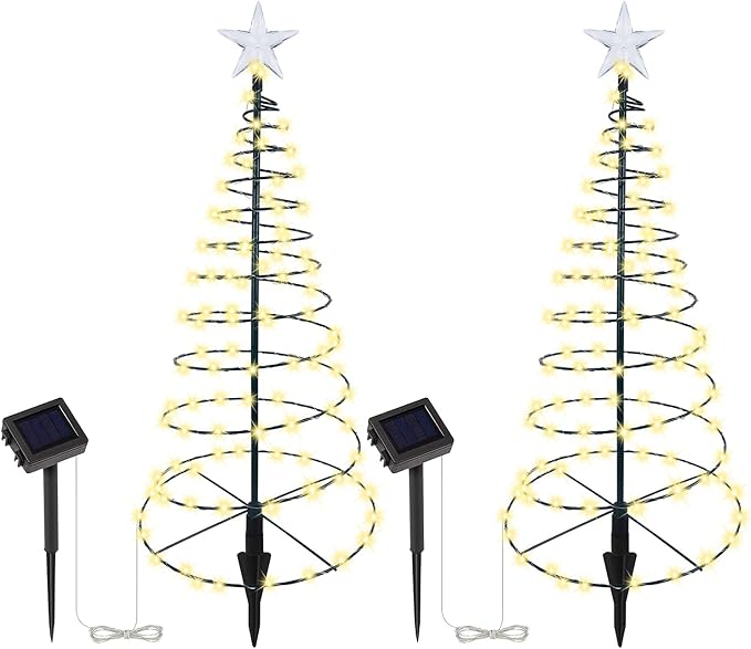Dynaming 2 Pack 26" Solar Spiral Trees with Warm White Lights, Light Up Xmas Metal Pathway Markers, Gift for Mom, Auto On/Off & Waterproof Lights for Outdoor Winter Patio Yard Walkway Driveway