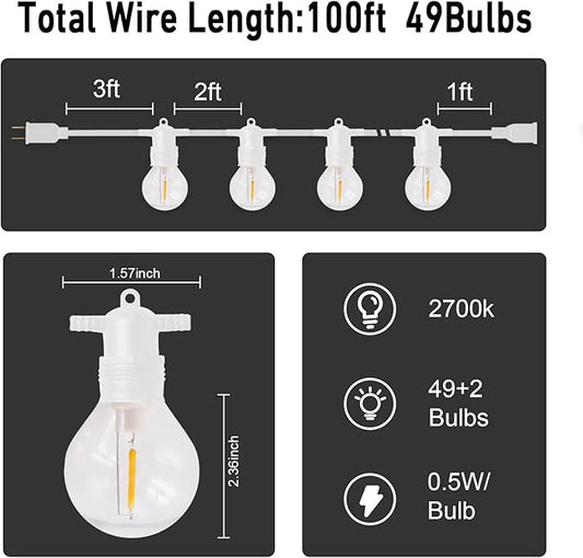 HISTAR 100FT White Outdoor String Lights with 49+2 Led Bulbs, G40 Globe Patio Lights for Backyard Porch Balcony Party Decor
