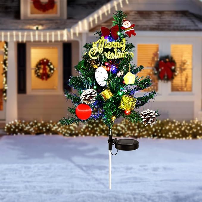 2pcs Solar Christmas Tree Lights Outdoor Decoration, Waterproof Solar Xmas Tree with Flashing LED Lights, for Yard Front Porch Pathway Grave Cemetery Decor