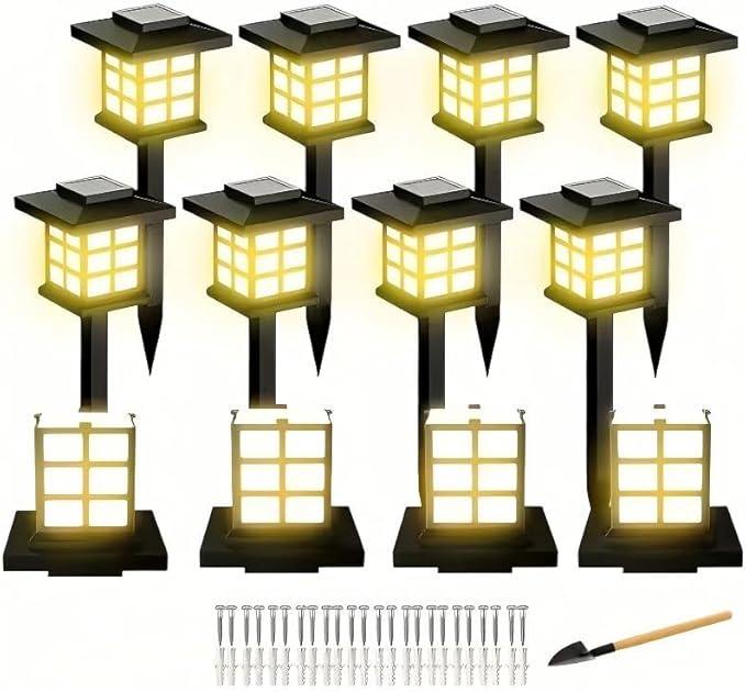 Solar Outdoor Path Lights, Waterproof LED Landscape Garden Lights, IP55Black Grid Design, 15.7 Inch Height, 700mA Battery (Warm Light, 12 Upgraded Models)