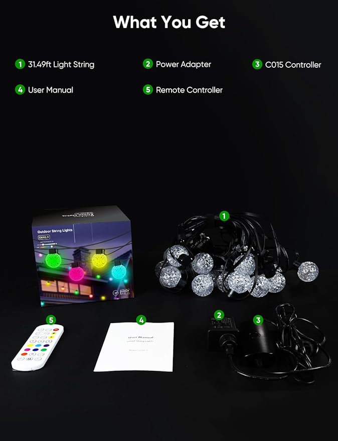 Outdoor String Lights 50FT, 25 Dimmable Color Changing LED Patio Lights with 54 Scene Modes, Warm White LED Bulbs for Outside, Christmas, Work with Alexa, Google, APP Control, IP65 Waterproof