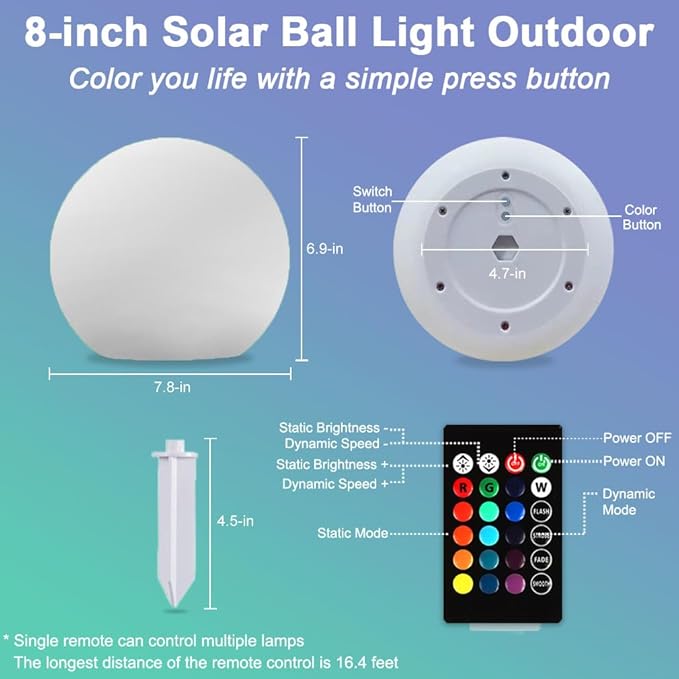 8-in Solar Globe Light Outdoor, Solar Garden Ball Light for Outside w/Remote, 16 RGB Colors 4 Modes Glow Orb Lights, Waterproof Landscape Lighting w/Ground Stake for Pathway Patio Backyard Party Decor