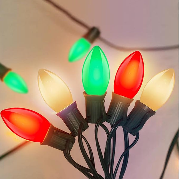 C9 Red White and Green Christmas Lights Outdoor, 25Ft Vintage Christmas String Lights with 26 Multicolor Ceramic | Lumora