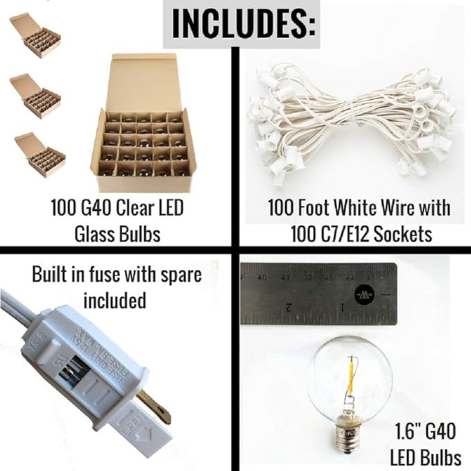 Hometown Evolution, Inc. G40 LED Warm White Outdoor Patio String Lights with 0.6 Watt Bulbs (G40 LED Filament - White Wire, 100 ft)