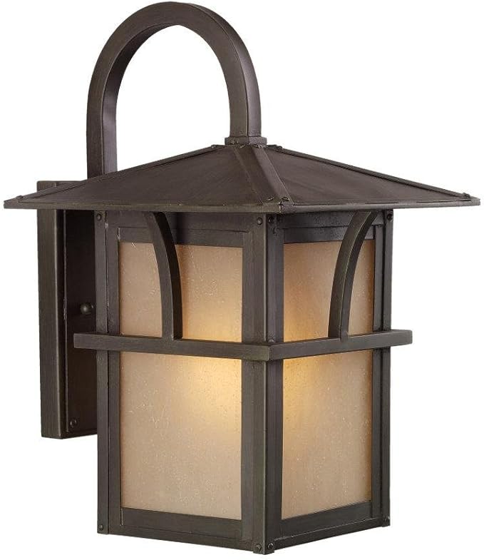 Sea Gull Lighting 88881-51 Medford Lakes One-Light Outdoor Wall Lantern with Etched Hammered, Light Amber Glass Panels, Statuary Bronze Finish