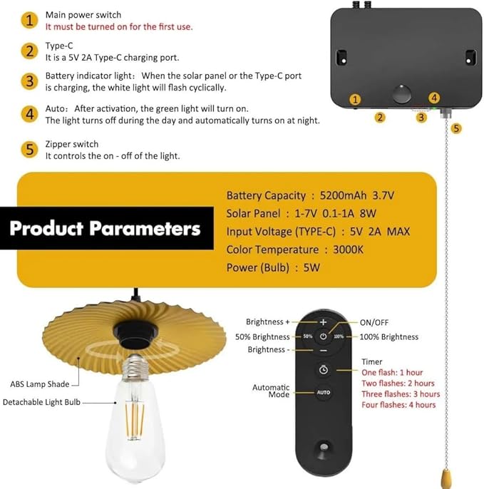 Solar Pendant Light Indoor Outdoor Solar Shed Light IP65 Waterproof 2 Charging Way Hanging Gazebo Barn Lights with Pull Cord