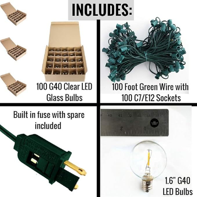 Hometown Evolution, Inc. G40 LED Warm White Outdoor Patio String Lights with 0.6 Watt Bulbs (G40 LED Filament - Green Wire, 100 ft)