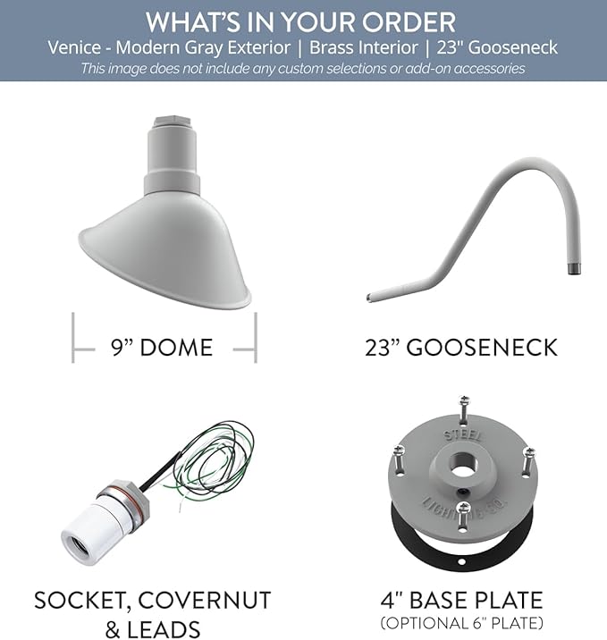 Steel Lighting Co. Venice Store Sign Light | for Outdoor Restaurant Accent Wall | 9 inch Dome | 23" Gooseneck | Made in America | Modern Gray Exterior/Brass Interior