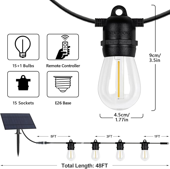 BesLowe 48FT S14 Solar String Lights Outdoor with Remote Controller, Solar Powered Patio Lights Waterproof with LED Edison Bulbs, Dimmable Hanging Lights for Outside Backyard Porch, USB Rechargeable