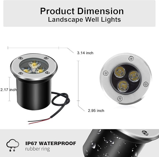 4 Pack Low Voltage LED Landscape Lights - 3W 12V/24V IP67 Waterproof In-Ground Well Lights with Convex Lens for Driveway, Garden, Pathway, Deck (Warm White 3000K) + 8 Wire Connectors Included
