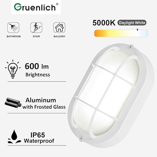 GRUENLICH LED Bulkhead Light, Flush Mount for Wall or Ceiling, 6W, 600 Lumen, Dimmable 5000K Daylight White, Outdoor Rated, Aluminum Housing, White Finish, 2-Pack