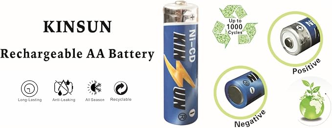 KINSUN 8-Pack Rechargeable Battery 1.2V Ni-Cd AA 900mAh for Outdoor Solar Garden Light Landscape Lights Path Lights