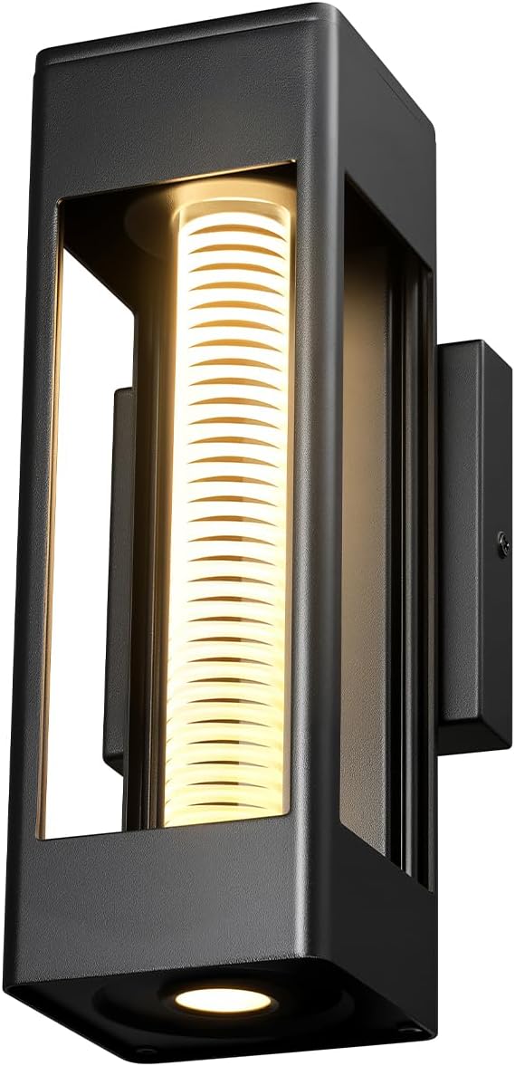 Globe Electric 11W LED Integrated Outdoor Wall Sconce, Matte Black, Horizontal Etched Glass, Downlight, Dimmable | Lumora