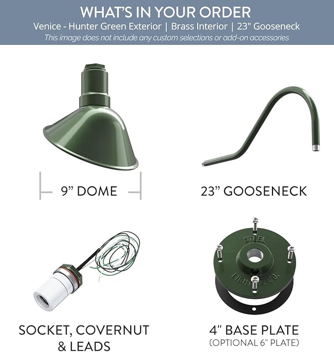 Steel Lighting Co. Venice Store Sign Light | for Outdoor Restaurant Accent Wall | 9 inch Dome | 23" Gooseneck | Made in America | Hunter Green Exterior/Brass Interior