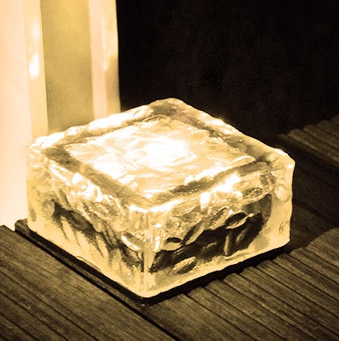 Solar Glass Brick Lights, LED Brick Lights for Garden Landscape Path, Ice Cube Rocks Solar Lamp,Warm