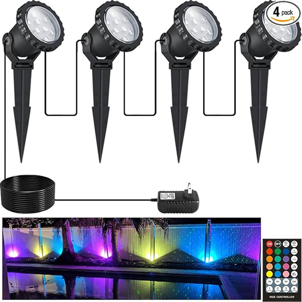Spotlights Outdoor, RGB Color Changing Landscape Lights 12W 800lm 120V Plug in LED Spot Lights with Remote, IP66 | Lumora