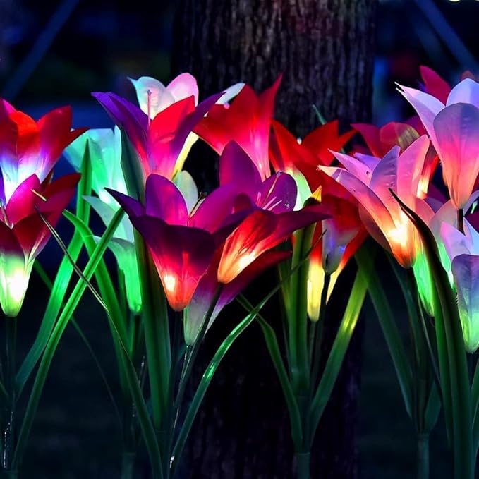 ANGMLN 6 Pack Solar Flowers Lights,24 Bigger Head Solar Lily Flowers, 7 Color Changing Pathway Lights for Garden Patio Yard Outdoor Garden Stake Decoration (Purple2&White2&Pink2)