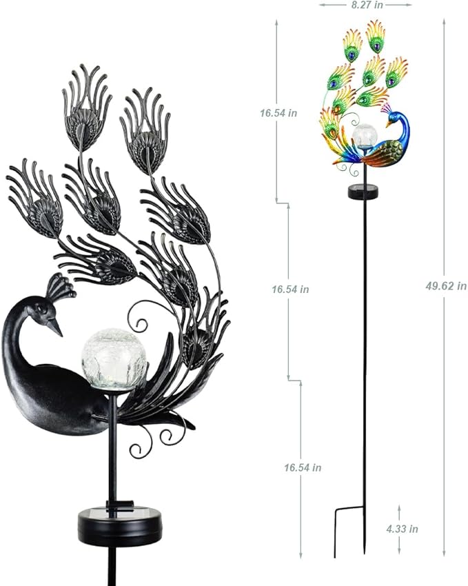 ARTER Solar Garden Stake Lights, 50 Inches Tall Metal Peacock Outdoor Waterproof Decorative LED Solar Pathway Lights with Bling Bling Jewels for Landscape Yard Patio Lawn Poolside (Pack of 2)