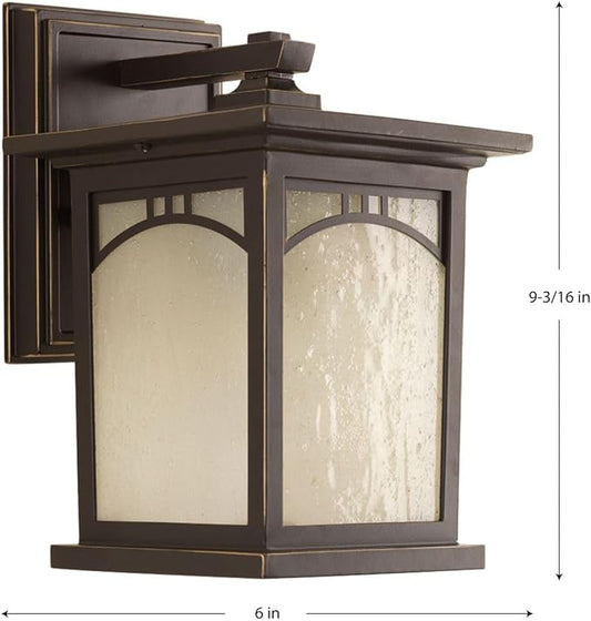 Progress Lighting Residence Collection 1-Light Umber Textured Art Glass Craftsman Outdoor Small Wall Lantern Light Antique Bronze, 6"