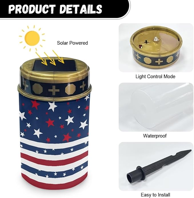 Cemetery Solar Lights for Grave USA Flag Design Eternal Lights for Cemetery Grave Decorations