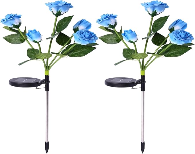 Dioche 2PCS Solar Flower Lights Outdoor - RGB Color LED Decorative Stakes Lights for Garden Pathway Walkway - Rose Light for Landscape Security - 80cm Height (Blue)