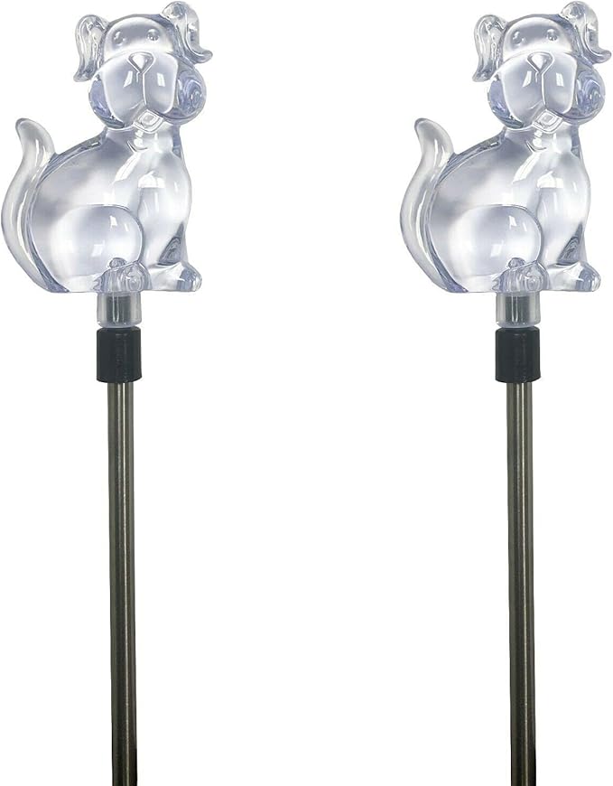 Set of 2 Clear Acrylic Dog Solar Power Outdoor Garden Yard Stick Color Change LED Lights